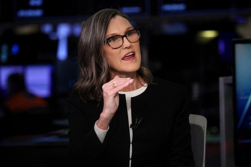 © Reuters. FILE PHOTO: Cathie Wood, CEO of Ark Invest, speaks during an interview on CNBC on the floor of the New York Stock Exchange (NYSE) in New York City, U.S., February 27, 2023.  REUTERS/Brendan McDermid/File Photo